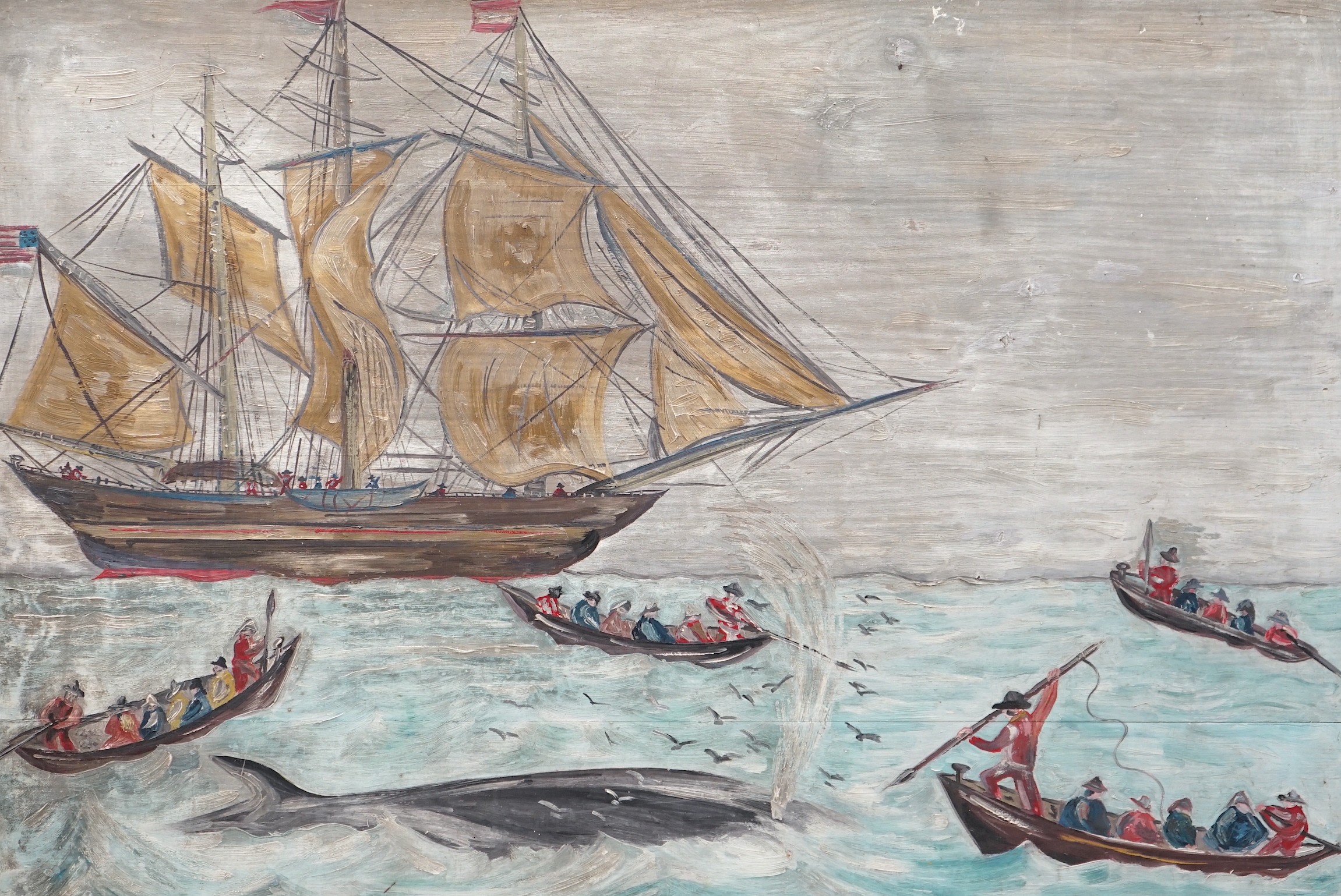English School, oil on board, Primitive study of an American whaling scene, indistinctly signed, 80 x 116cm